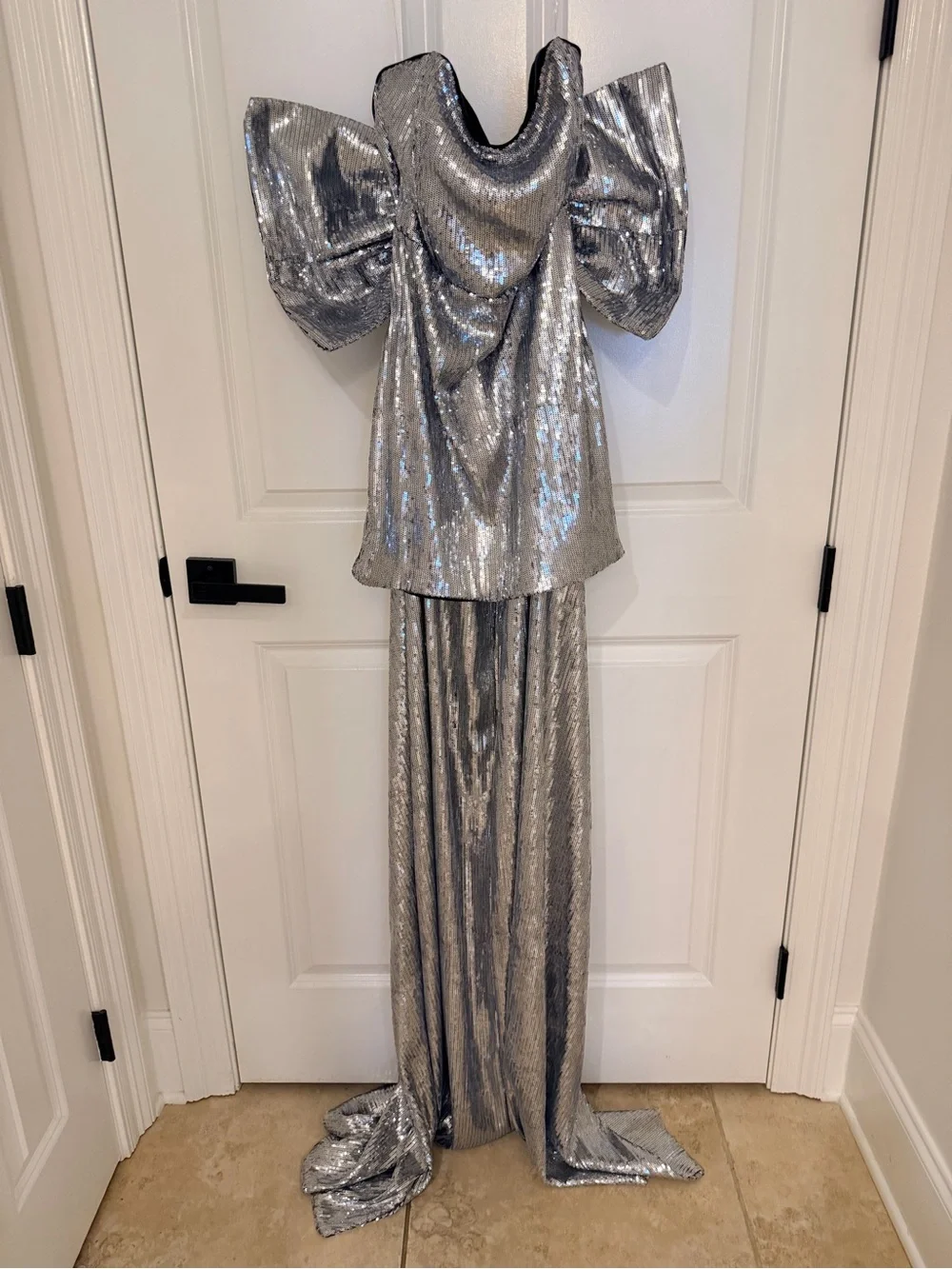 Fashion Nova Silver Sequin Maxi Gown with Statement Sleeves